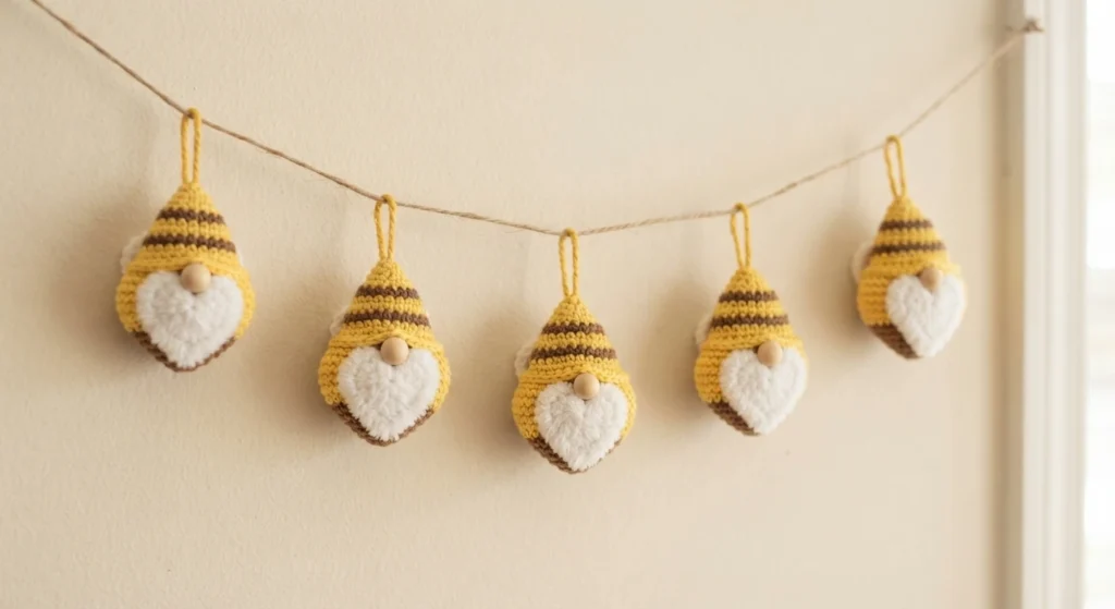 Five crocheted bee gnome ornaments with yellow and brown striped pointed hats, fluffy white heart-shaped beards and small round noses, each hanging by a loop from a twine garland against a pale wall.