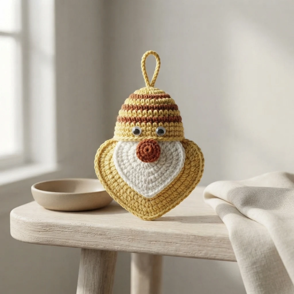 Crocheted bee gnome ornament with a yellow and brown striped rounded cap, white heart-shaped beard, brown nose, two small round eyes and a short hanging loop, sitting on a light wooden stool next to a small dish and a folded cloth.