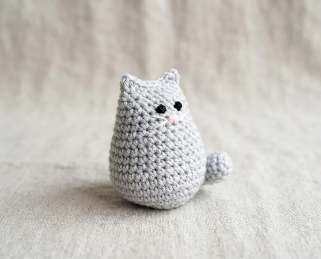 Small gray crochet cat with embroidered black eyes, pink nose and whiskers, sitting on a beige linen surface.