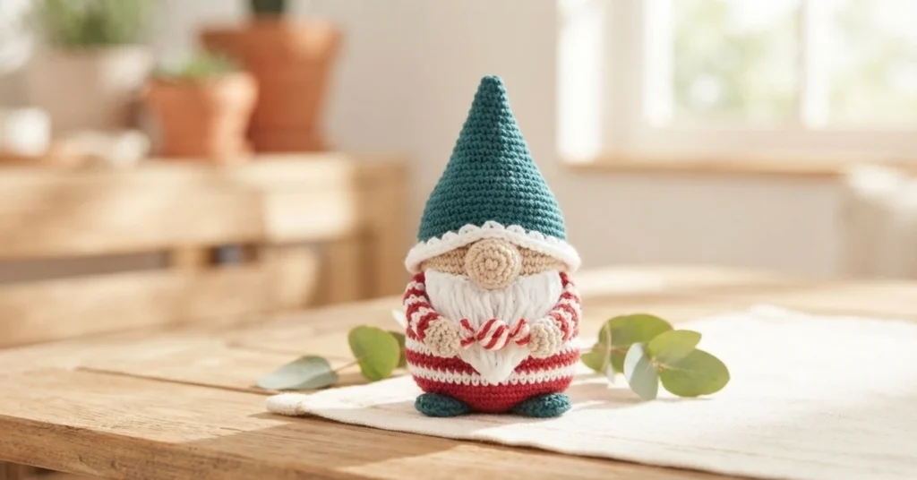 Single crocheted gnome figure standing on a wooden table, with a tall teal cone hat, a white beard, a small round nose, a red and white striped body, dark green feet, and hands holding a tiny candy cane, with eucalyptus sprigs beside it in
