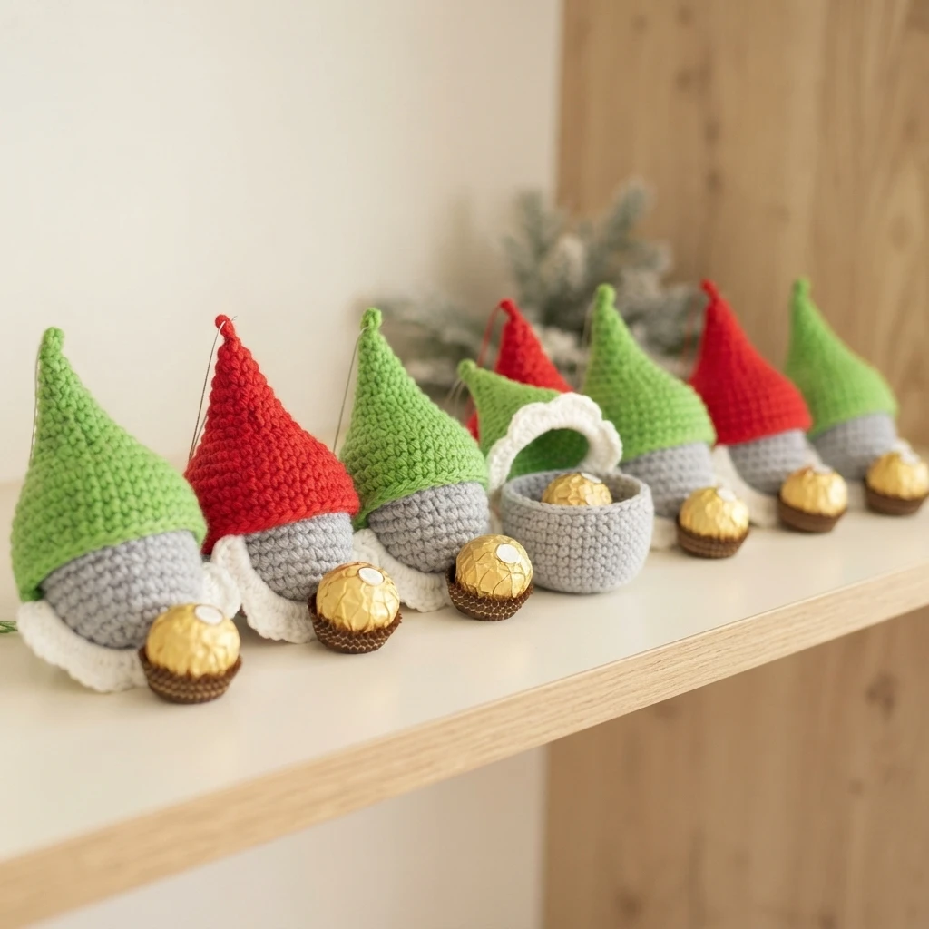 A row of crocheted gnome candy ornaments with green and red pointed hats, grey bodies and white scalloped collars, arranged on a light wooden shelf next to gold wrapped chocolates, with one grey base shown open holding a chocolate.
