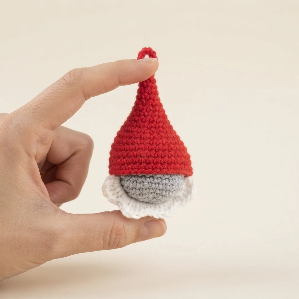A hand holding a small crocheted gnome ornament with a red conical hat, a grey rounded head and a white scalloped beard, with a small hanging loop at the tip of the hat, photographed against a plain cream background.