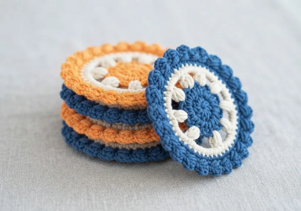 Stack of blue and orange round crochet coasters with white puff stitch rings on light grey fabric