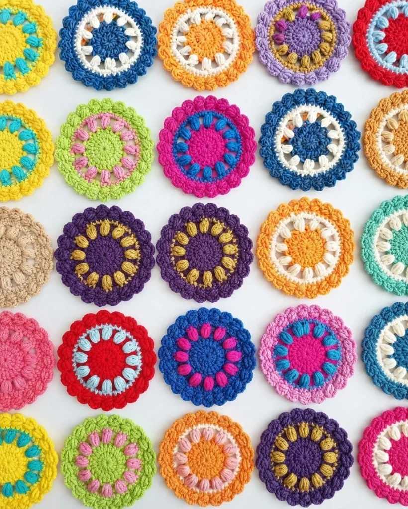 Grid of colorful round crochet wheelie coasters with puff stitch borders
