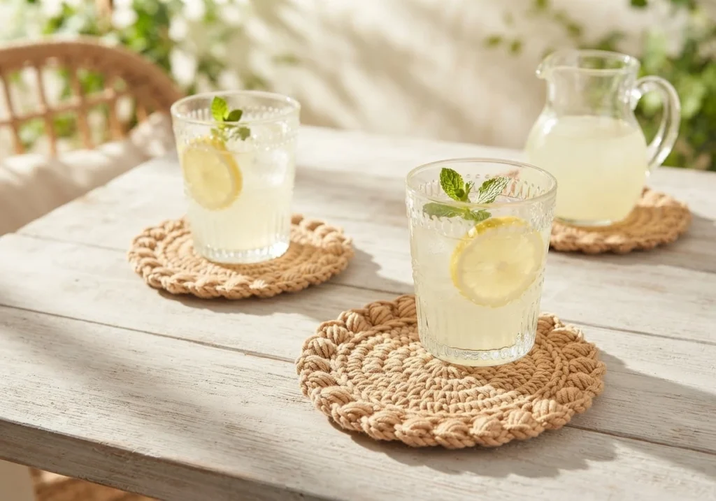 Three beige round crochet coasters on a light wooden outdoor table under glasses of lemonade and a pitcher