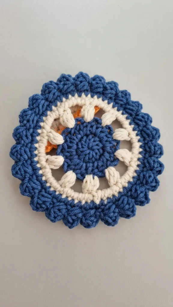 Round crochet coaster in blue and cream with a solid center, an open ring of cream puff stitches and a textured scalloped edge, photographed from above on a plain light background.