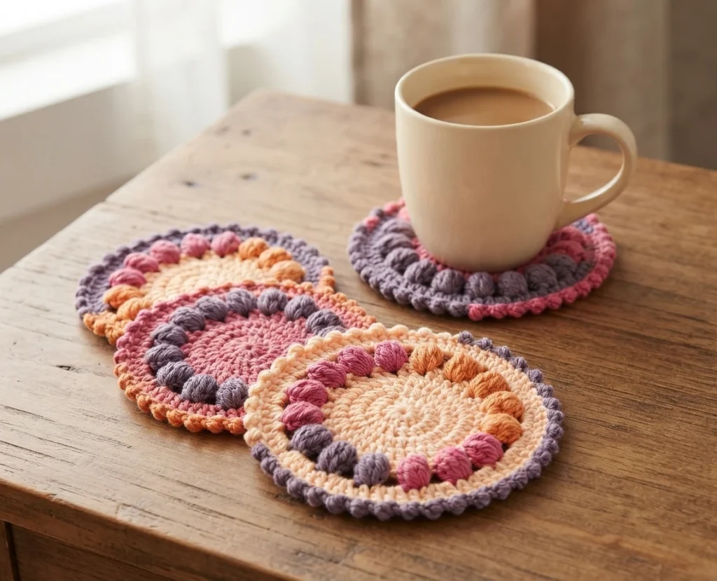 Four round crocheted coasters with colorful bobble texture on a wooden table, one holding a beige mug of coffee near a window