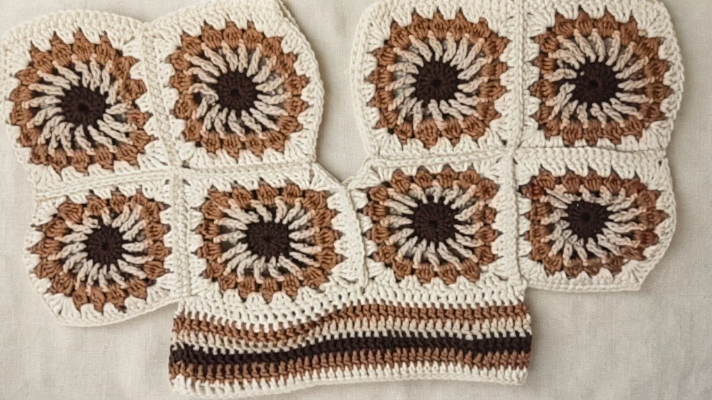 Eight brown, tan and cream sunburst granny squares laid flat in two panels above a striped crochet waistband