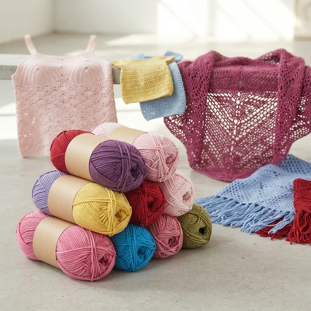 Stack of colorful yarn balls in pink, purple, yellow, red, blue and green in front of crocheted tops and lace shawls