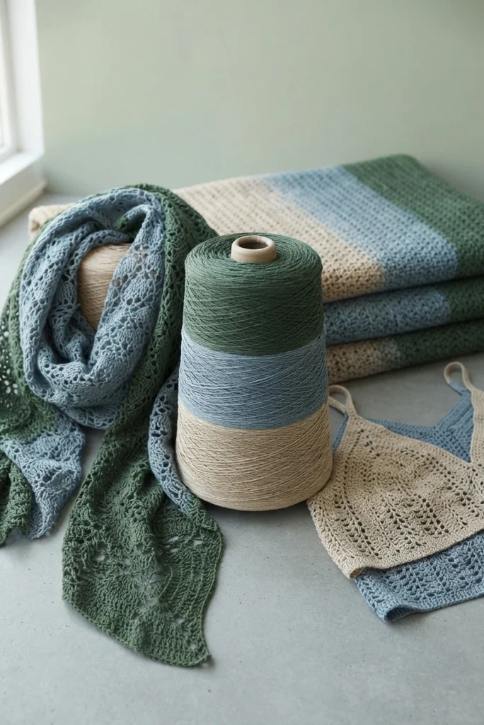 Yarn cone with green, blue and beige sections beside a lace crochet shawl, a folded striped wrap and a crochet top on a light surface near a window.