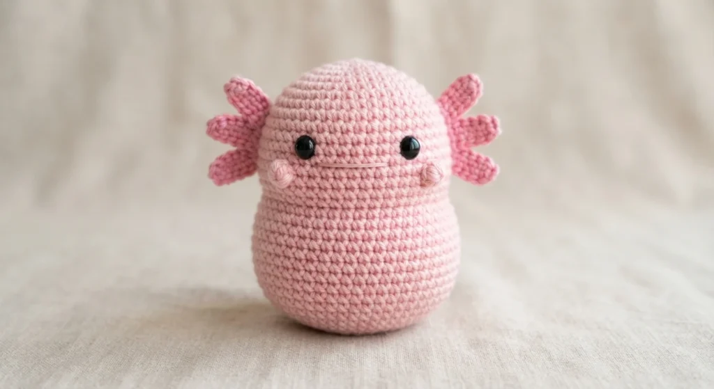 Pink crocheted potato-shaped axolotl plush with light pink gills, black eyes and a small stitched mouth on beige fabric.