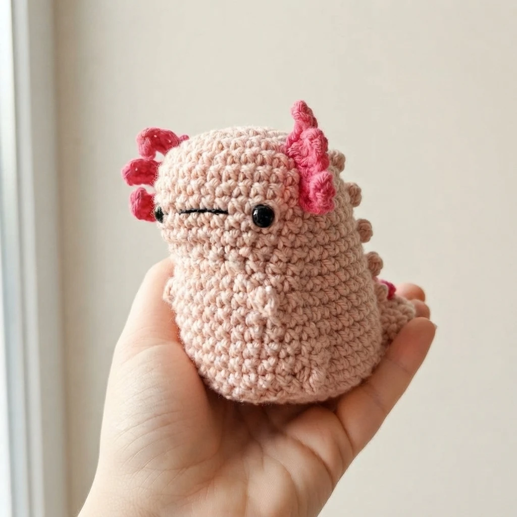 Small pale pink crocheted axolotl with bright pink gills, black eyes and a straight stitched mouth, held in a hand