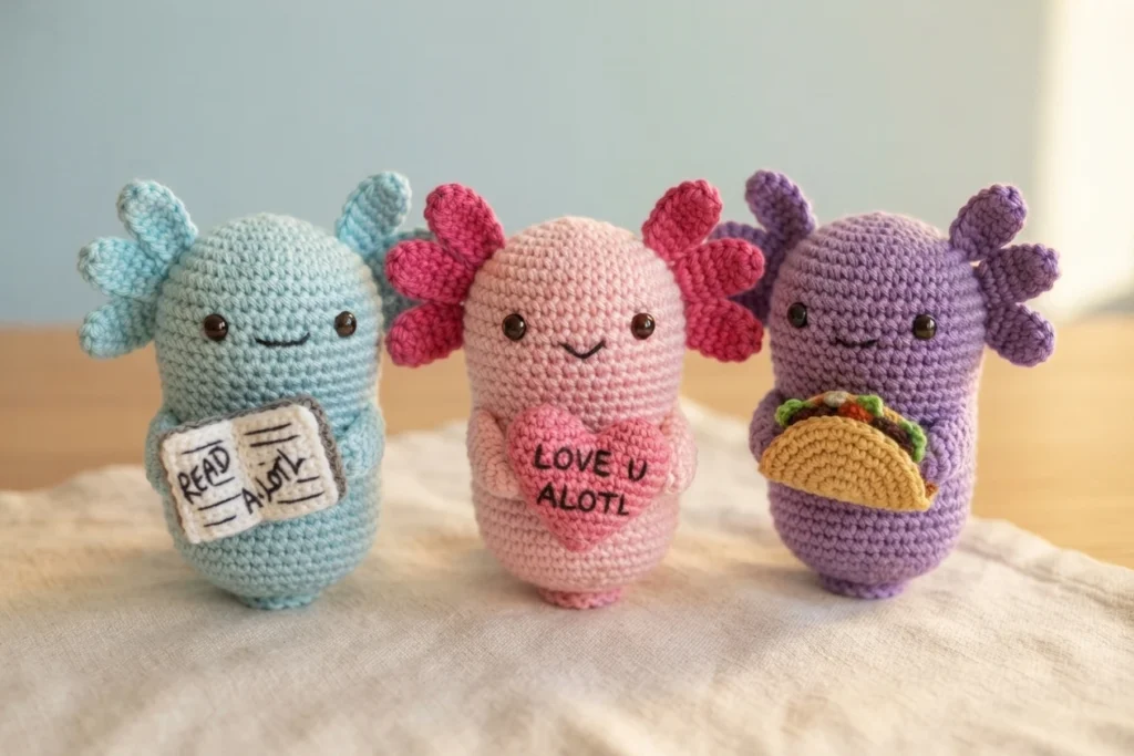 Three small crocheted potato-shaped axolotl plush toys in light blue, pink and purple holding a tiny book, a heart and a taco