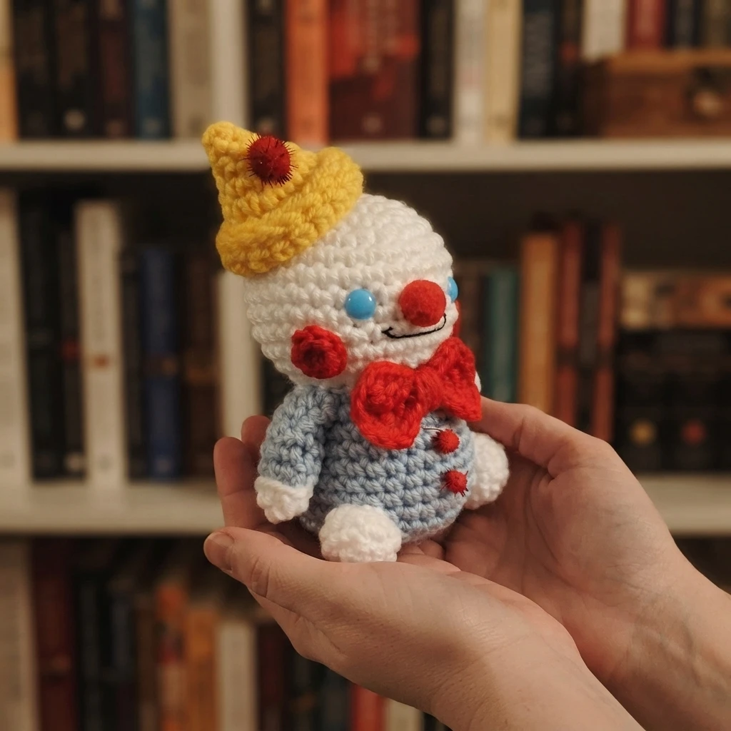 Crochet clown plush with a yellow cone hat topped with a red pom, white head, blue eyes, red nose and cheeks, red bow tie, blue body with red buttons, and white arms and feet, held in two hands in front of a bookshelf.