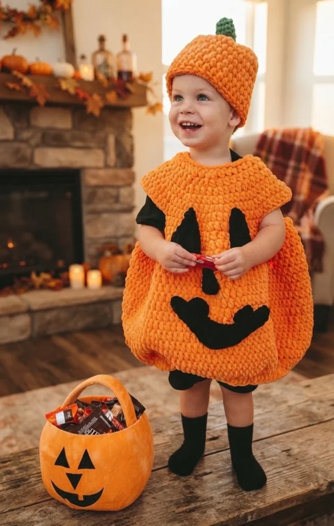 Un enfant porte un costume de citrouille au crochet orange avec un visage noir et un bonnet à tige verte, près d’un panier rempli de bonbons.