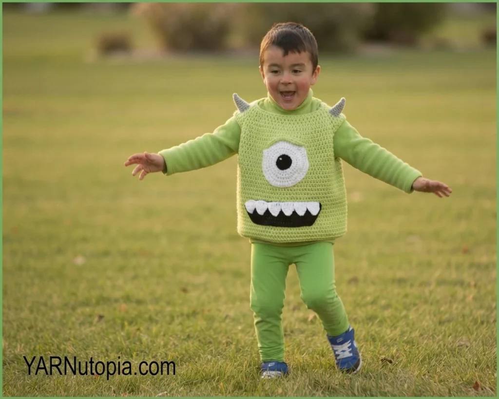 A young boy wearing a crocheted light green monster slip-on with a single white eye, a black mouth with white teeth, and two gray horns, layered over a green turtleneck and green leggings, standing on a grassy field with his arms spread out
