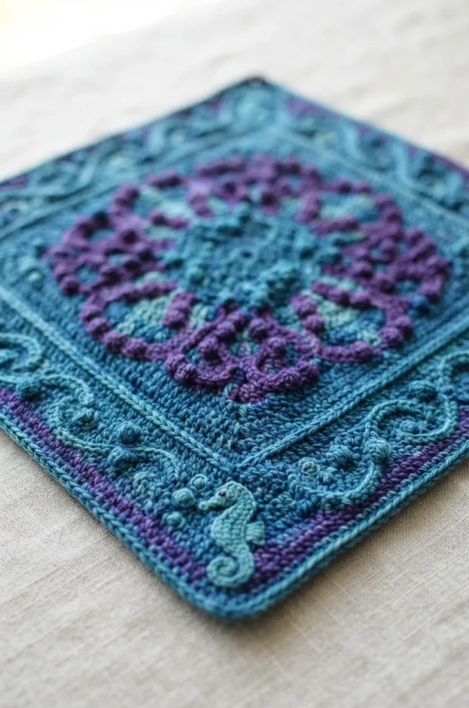 Crocheted square in teal and purple with a textured circular motif, wave border, and a small seahorse in the corner, shown at an angle on light fabric.