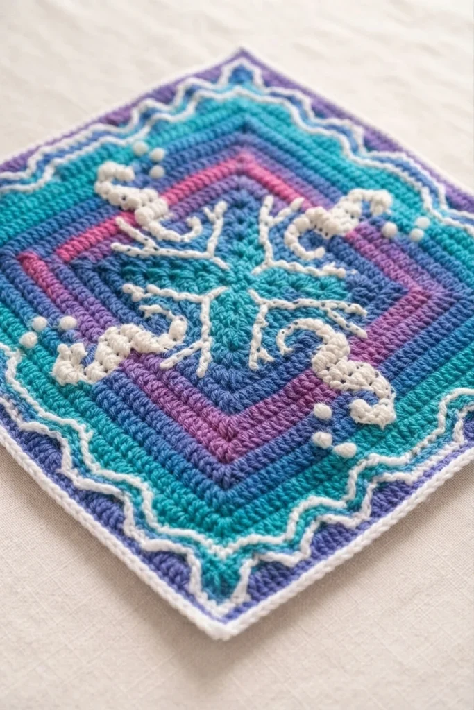 Crocheted square with four white seahorses around a white coral motif in turquoise, blue, purple and pink with a wavy white border