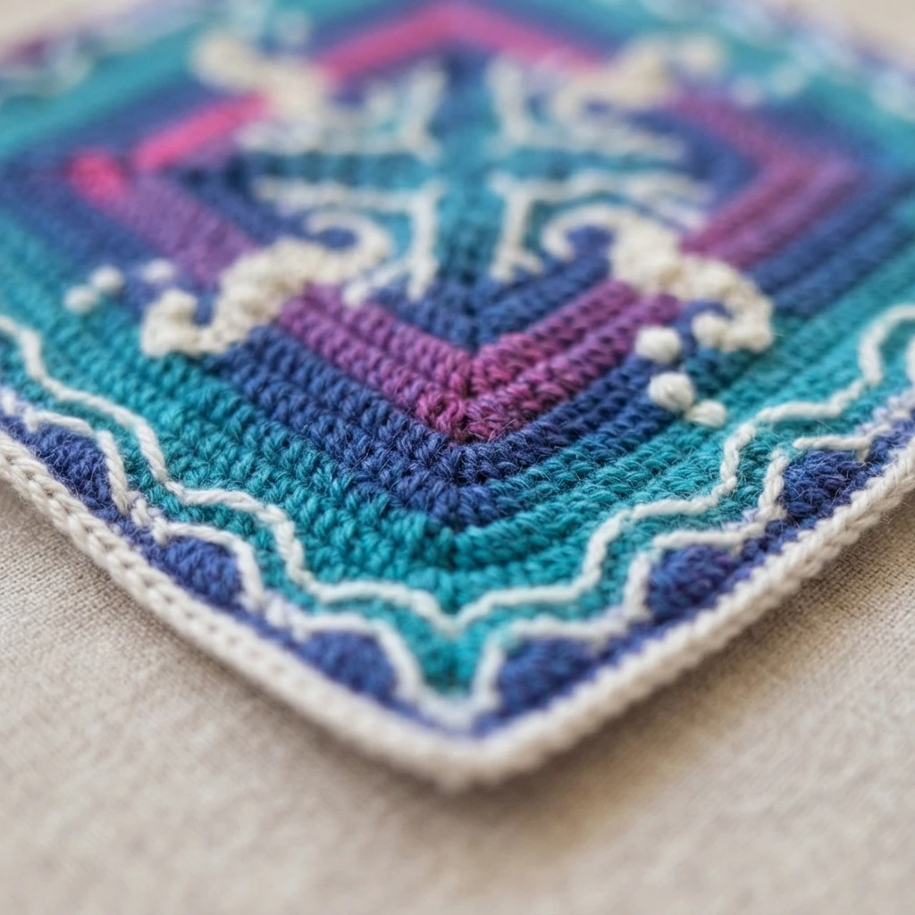 Close-up of a corner of a colorful mosaic crochet square in teal, blue, purple and pink with cream seahorse motifs and a white wavy border
