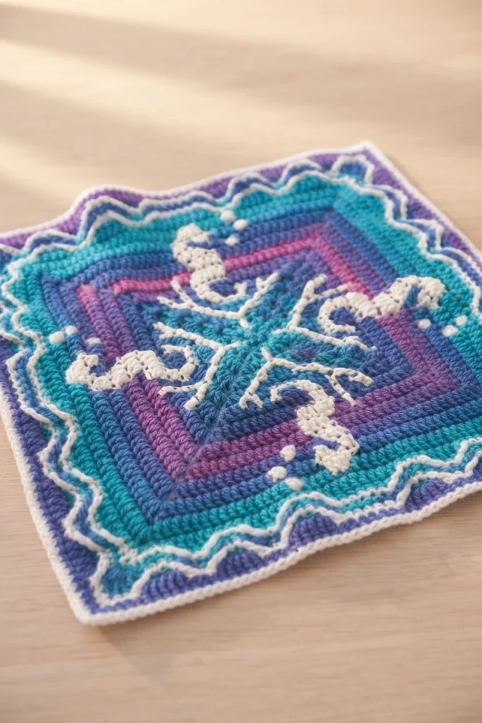 Mosaic crochet square with four white seahorses around a central coral motif in blue, turquoise, purple and pink, with a wavy white border, on a light wooden surface.
