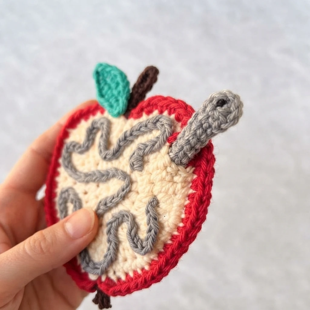 Hand holding a crocheted apple coaster with a red border, cream center, grey squiggly worm tunnel, a grey worm poking out at the upper right, plus a teal leaf and brown stem.