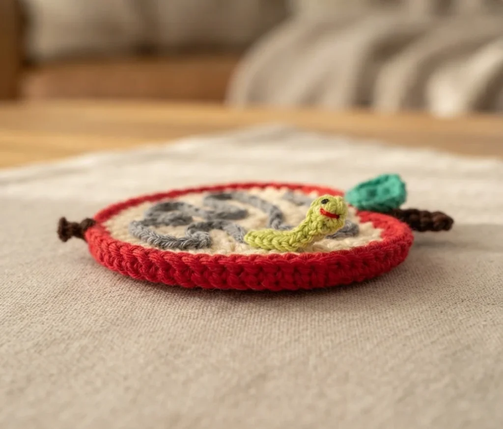 Crocheted apple coaster with a cream center, red border, grey squiggly worm tunnel, turquoise leaf, brown stem and a small green worm, photographed at a low angle on a beige linen cloth.