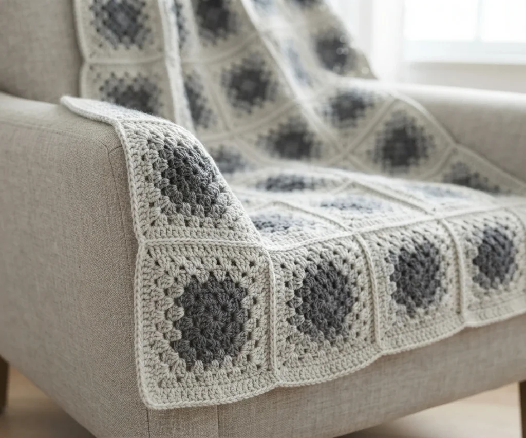 Grey and cream granny square crochet blanket draped over a beige armchair.