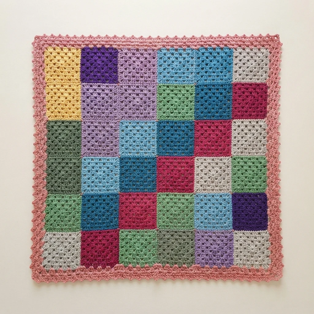 Multicolor granny square crochet blanket with pink scalloped border laid flat