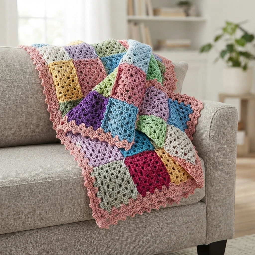 Multicolor granny square crochet blanket with pink scalloped border draped over the arm of a beige couch