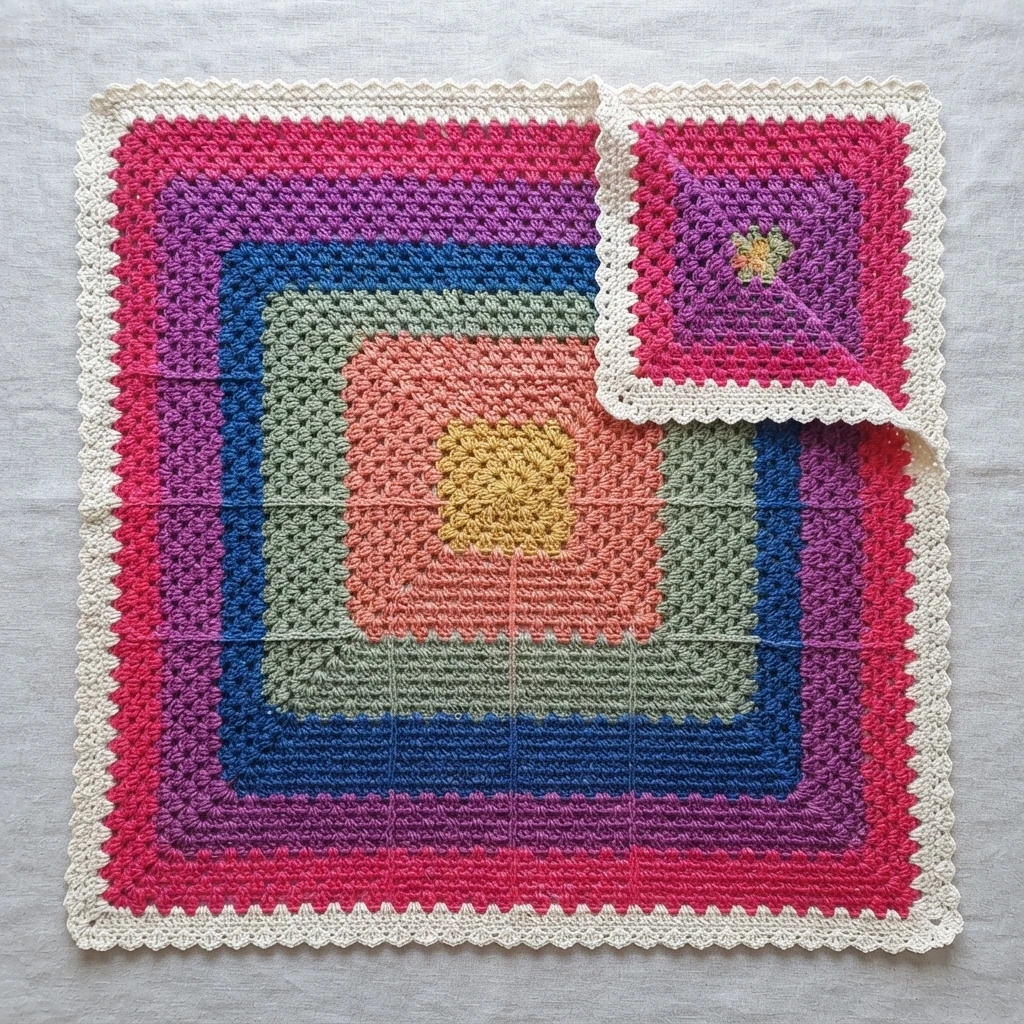 Multicolor granny square crochet blanket with cream scalloped border and one folded corner, laid flat on light fabric