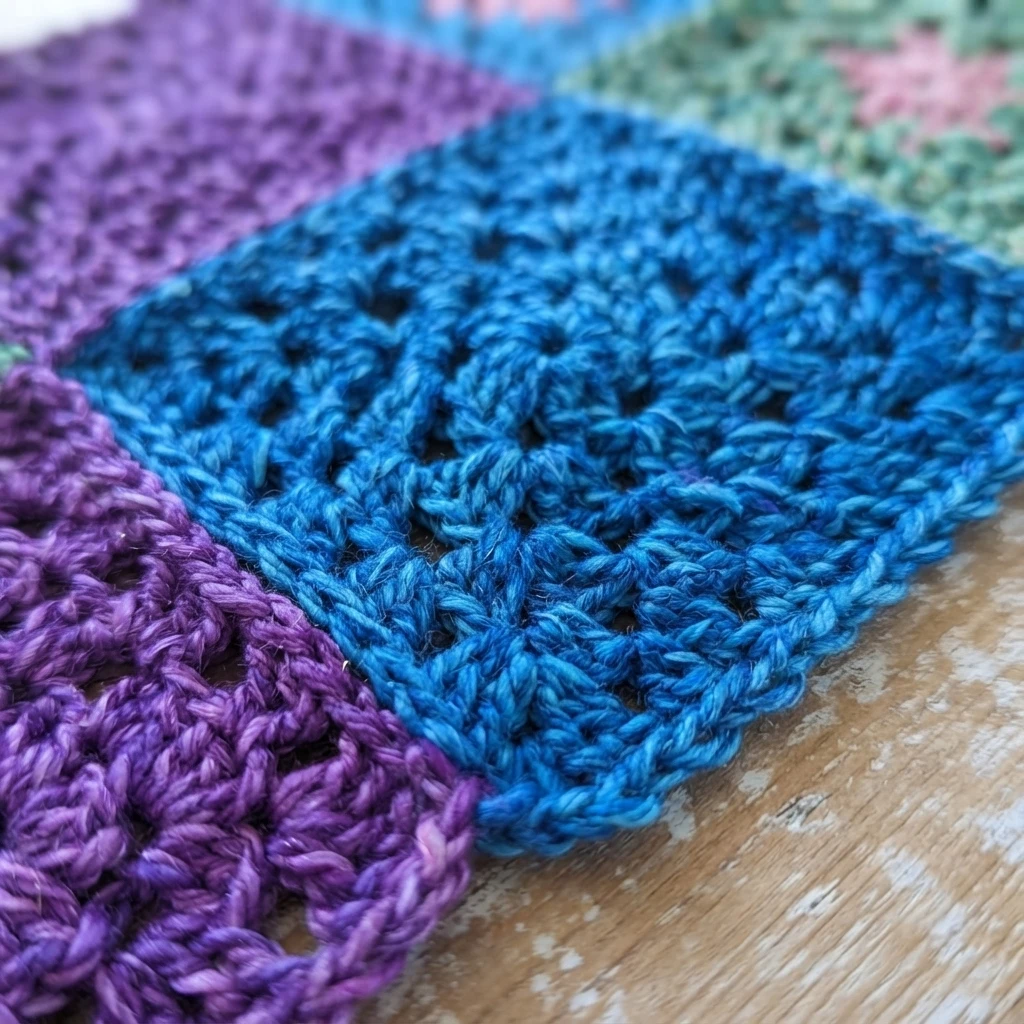Close-up of joined crochet granny squares in blue, purple and green on a wooden surface