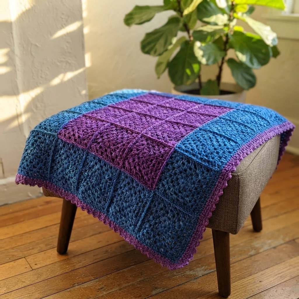 Blue and purple granny square crochet blanket with a purple edge, draped over an ottoman beside a potted plant.