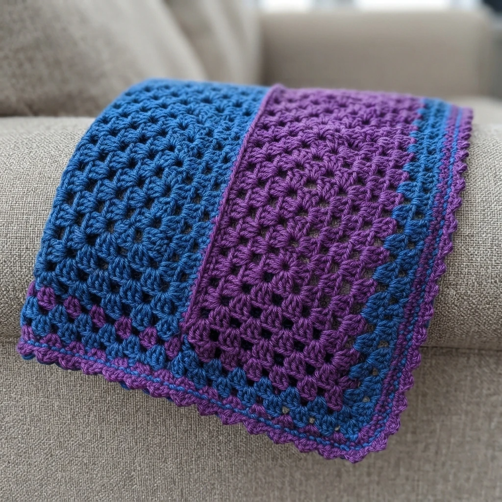 Blue and purple granny stitch crochet blanket with decorative border draped over a beige sofa arm