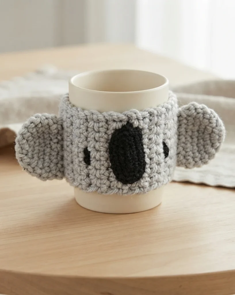 A gray crocheted koala mug sleeve with rounded ears, black nose and small eyes wrapped around a cream-colored mug.