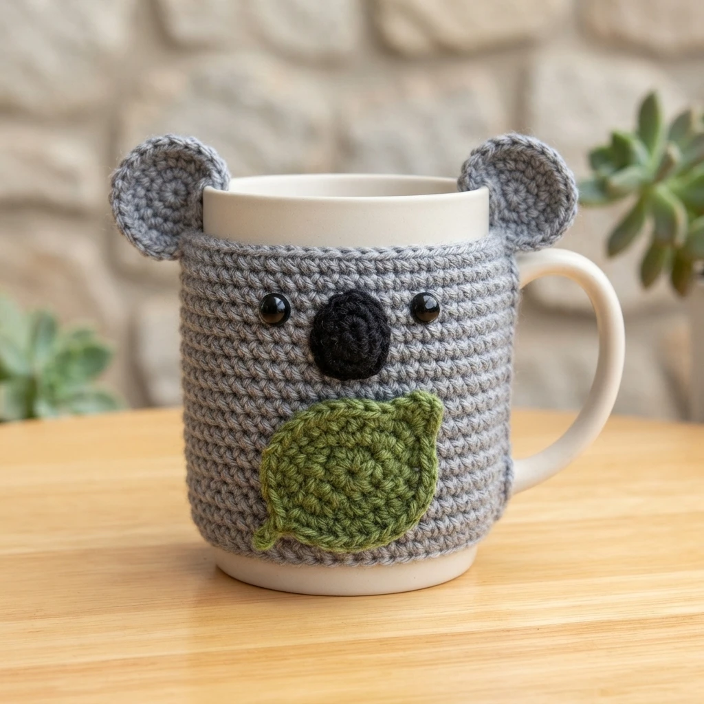 Tasse claire entourée d’un manchon crocheté gris à oreilles rondes, yeux noirs, nez noir et pièce verte sur le devant.