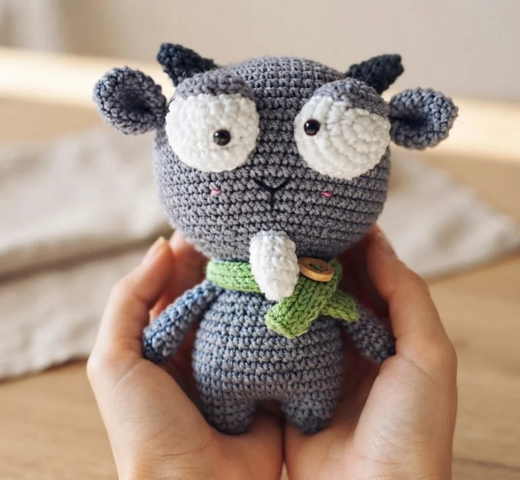 Grey crochet amigurumi goat with large white eyes, dark horns, white goatee and green scarf with a wooden button, held in hands