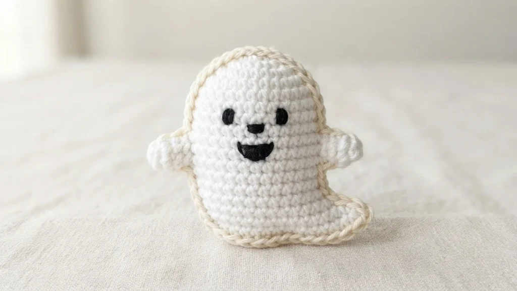 Crochet white ghost with black embroidered eyes and a smiling mouth, edged with a cream yarn slip stitch outline, photographed on a light fabric surface