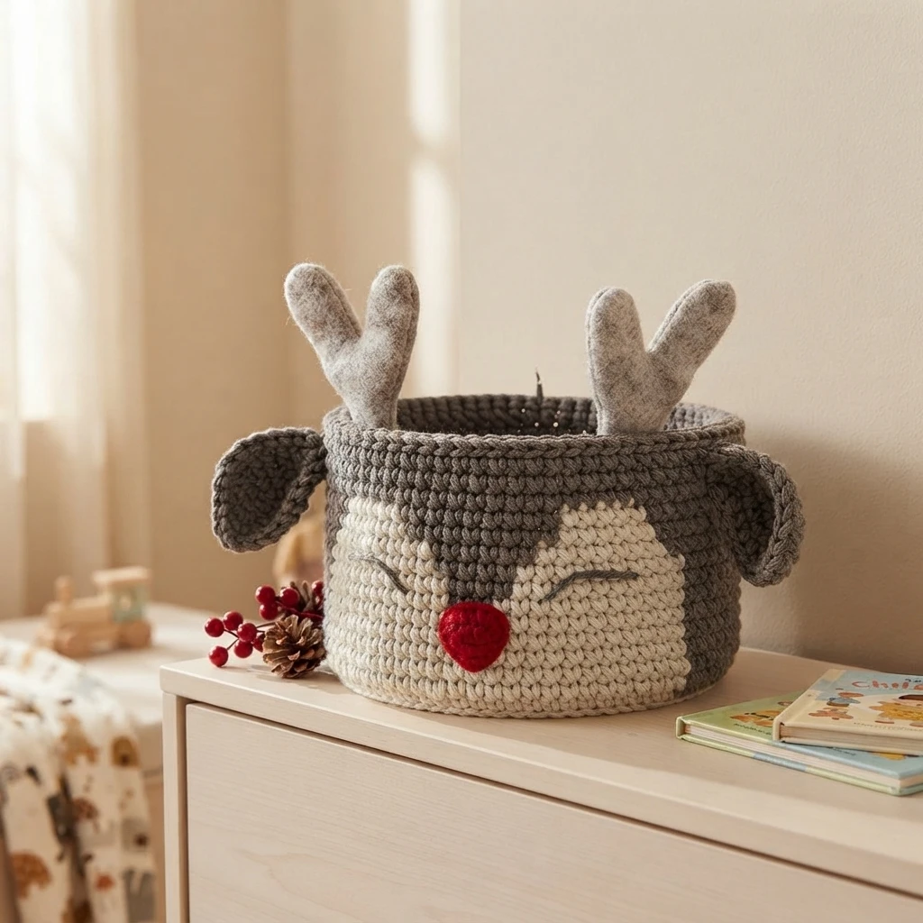 Crocheted reindeer basket with gray antlers and ears, a cream and gray face with closed embroidered eyes and a red nose, set on a light wood dresser beside red berries, a pinecone and stacked books.