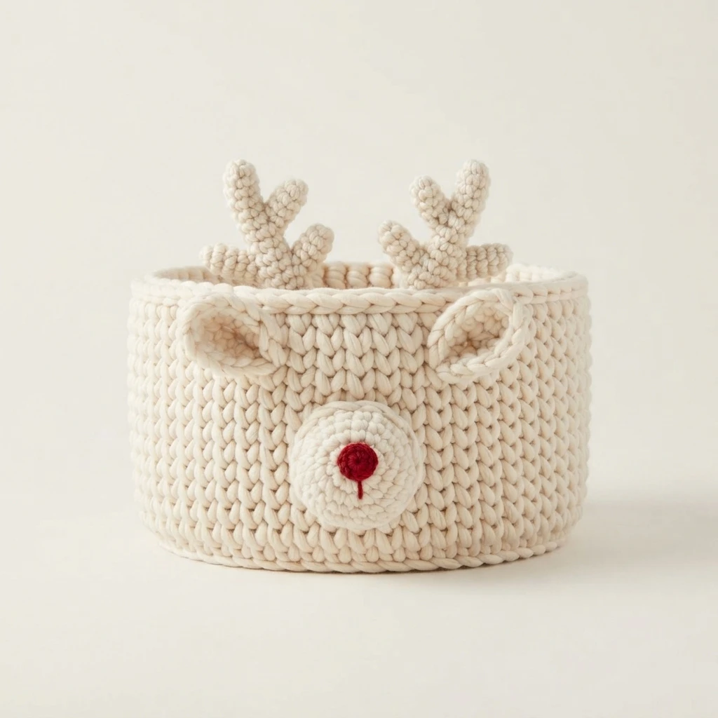 Crocheted basket in cream yarn shaped like a reindeer, with two antlers, two ears and a red nose, photographed on a plain light background.