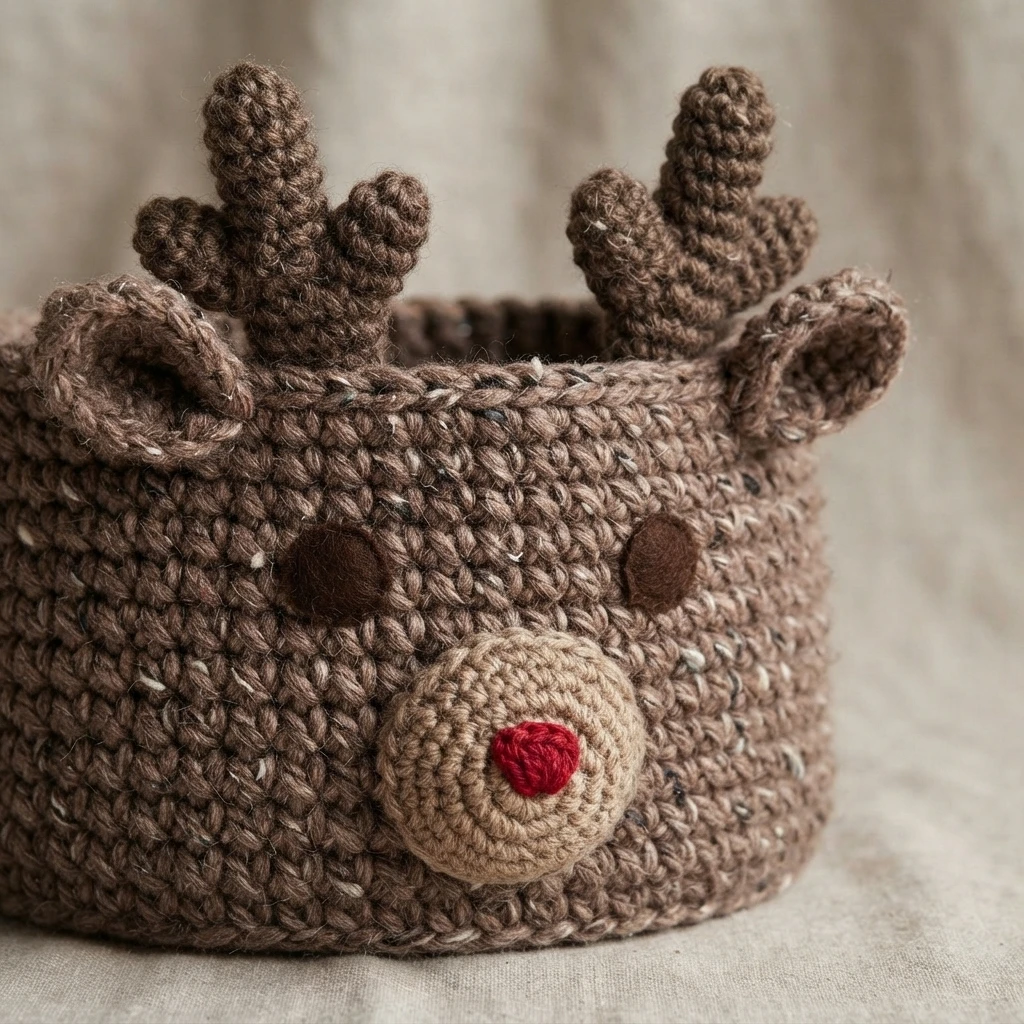 Crocheted reindeer basket in tweed-look taupe yarn with dark brown crocheted antlers and ears, dark oval eyes, a beige crocheted muzzle and a red nose, photographed against a neutral fabric background.