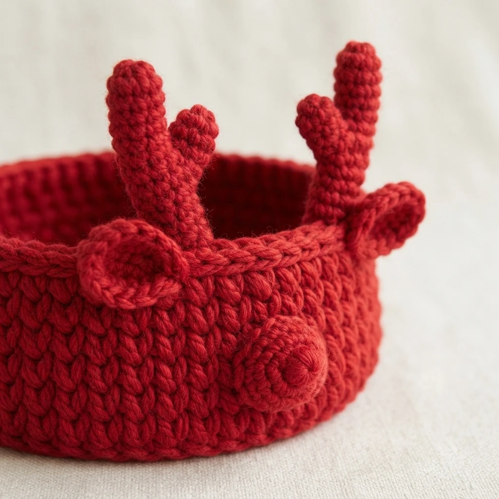 Chunky crochet basket worked in solid red yarn, with two upright antlers, two small looped ears and a round stitched nose on the front, photographed against a light fabric background.