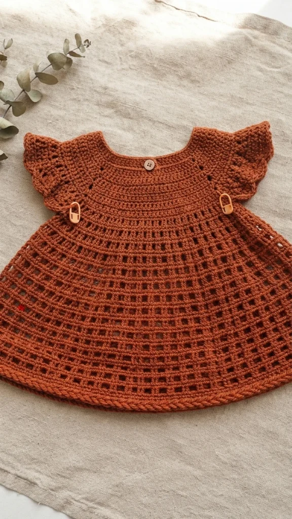 Robe bébé au crochet orange rouille, avec manches volantées, rangées ajourées, bordure tressée et marqueurs de maille, posée sur un tissu clair près d’une branche feuillue.