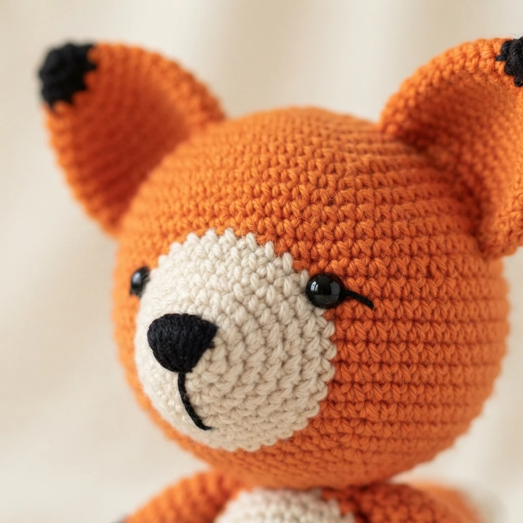 Close-up of an orange crocheted fox head with a cream muzzle, black nose, black bead eyes and black-tipped ears