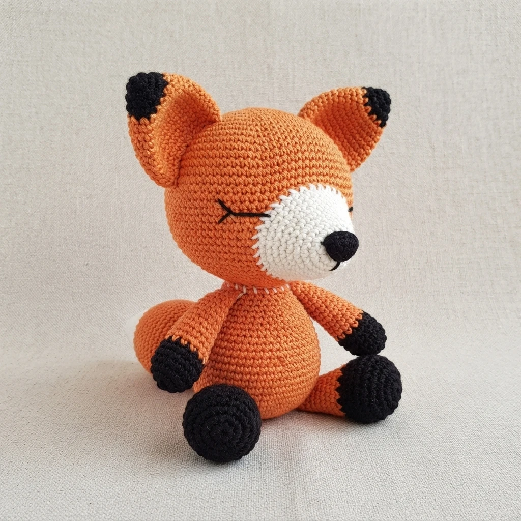 Crocheted orange sleepy fox with a white muzzle, black tipped ears, closed eye and black feet, sitting in three quarter side view