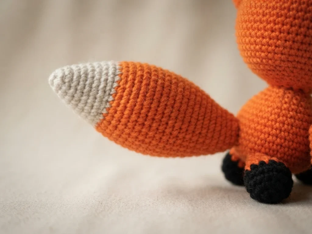 Close-up of a crocheted orange fox tail with a white tip, beside part of the body and black feet