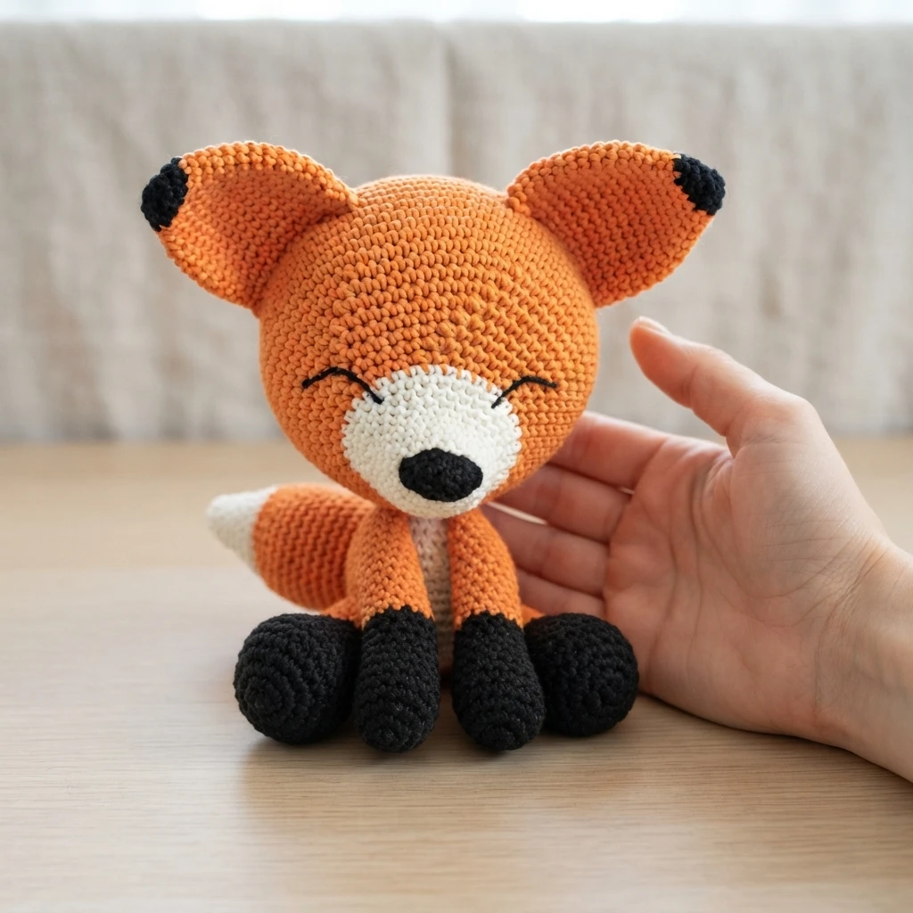 Crocheted orange sleepy fox with closed eyes, white muzzle, black nose, black ear tips and black feet, sitting on a wooden table next to a hand