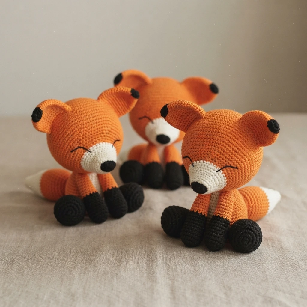 Three orange crocheted sleepy foxes with white muzzles, black noses and feet, and closed eyes sitting on light fabric