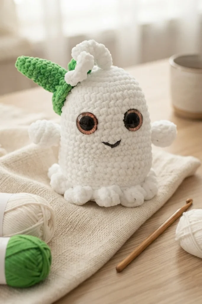 A white crocheted ghost with large dark eyes, a green pointed hat, and a ruffled base, posed beside yarn and a crochet hook.