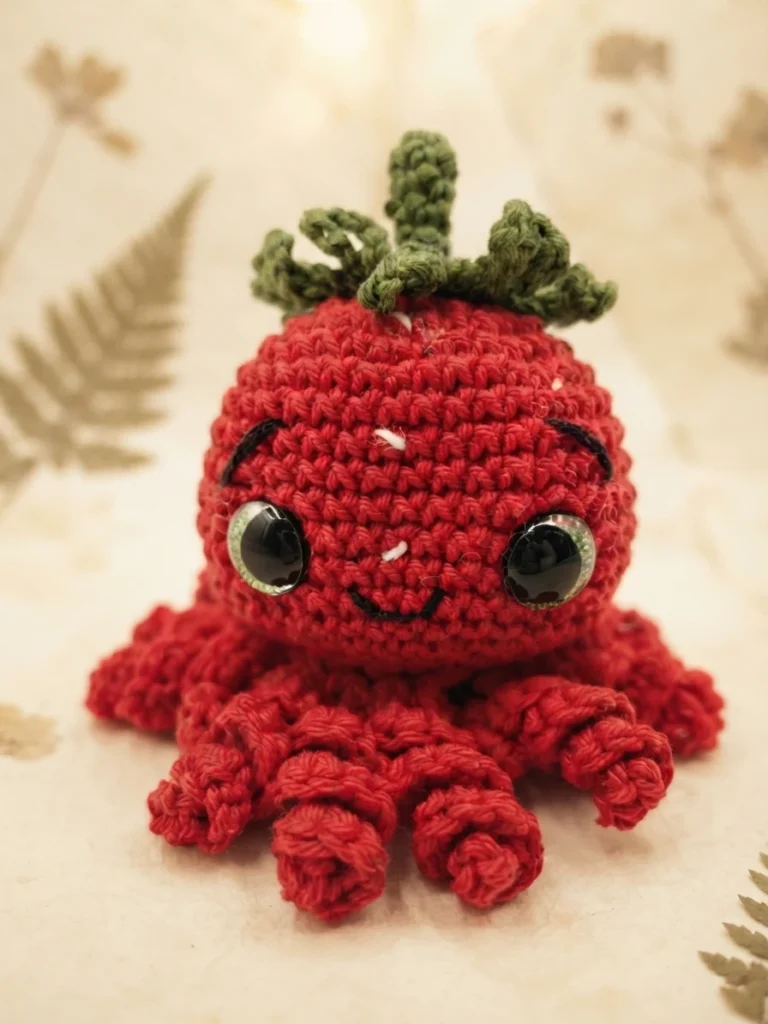 A red crocheted strawberry octopus with green leaves on its head, curled tentacles, and large eyes, photographed against a softly blurred background.