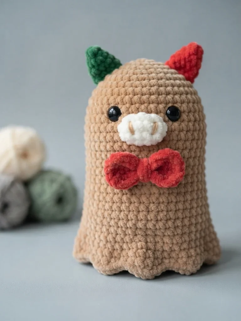 A tan crocheted cow with a white muzzle, red bow tie, and green and red horns.